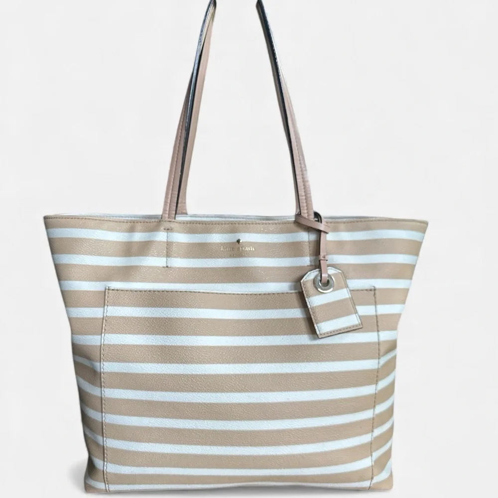 ✨ Kate Spade Striped Leather Tote – Chic Neutrals | EUC Exterior ✨